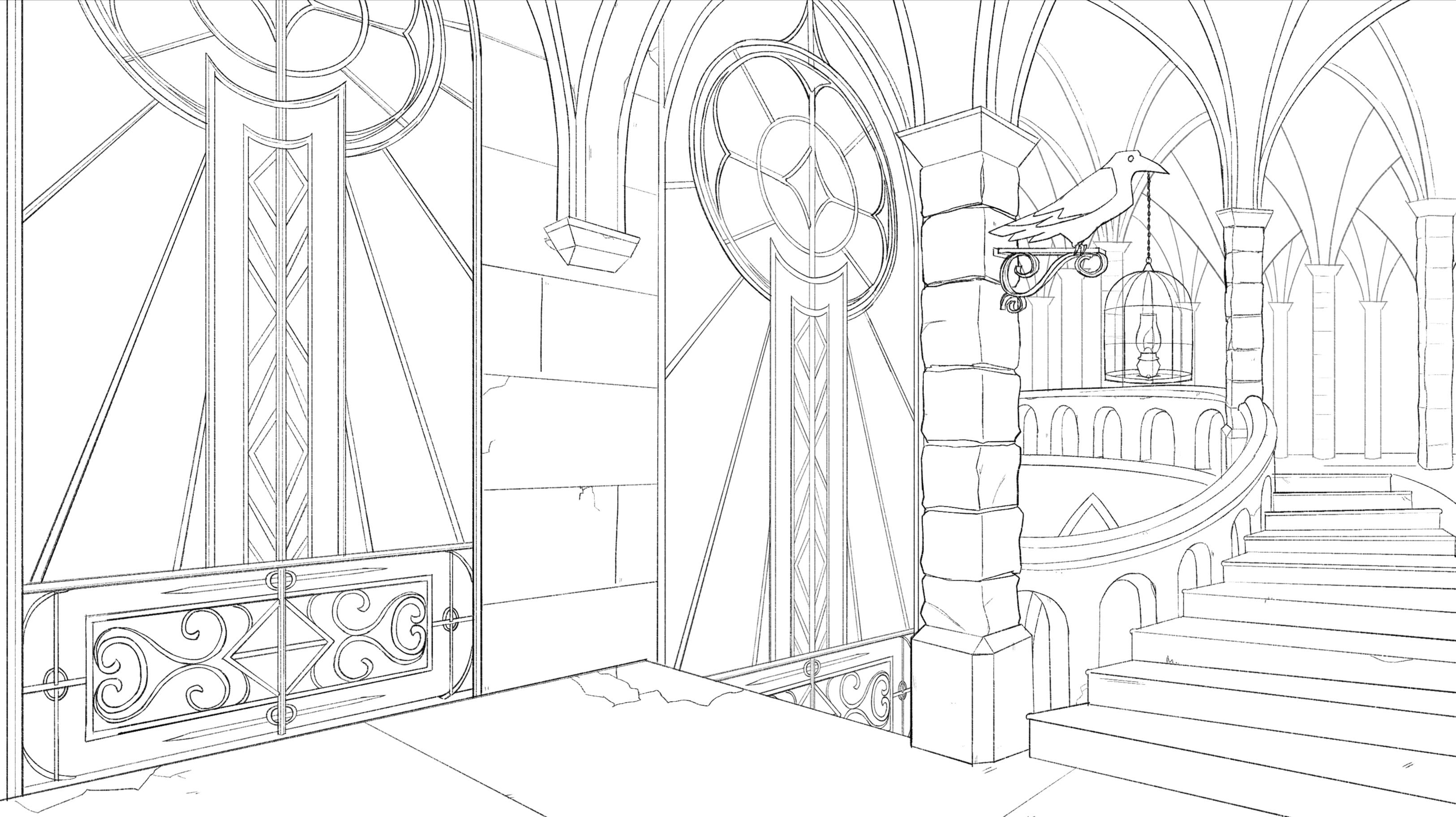 The Lamplight Inn, a fantasy setting inspired by neo-Gothic cathedrals and ironwork.