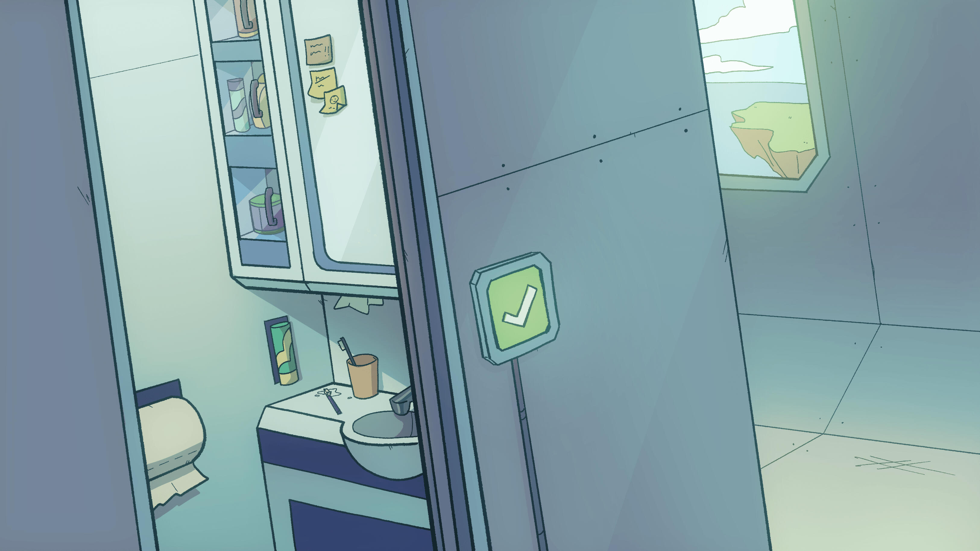 The Mercury, exploring a sci-fi bathroom in an airship.